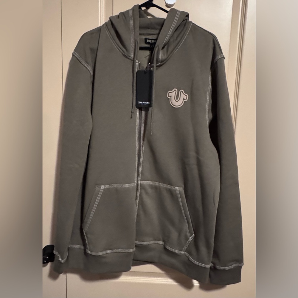True Religion Mens Olive Zip Up Long Sleeve Pockets Fleece Hoodie Size 2XL